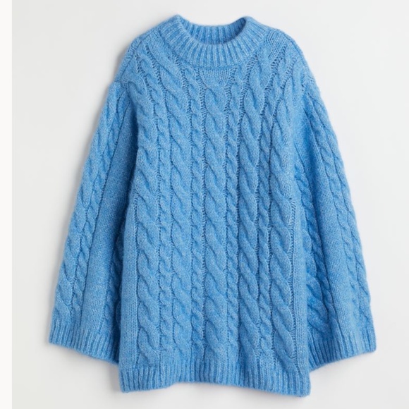 H&M blue oversized long alpaca wool blend cable-knit chunky sweater tunic NWT - Picture 1 of 11